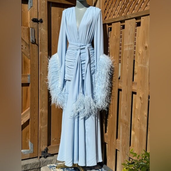 🆕 BRONX & BANCO 🧿 NWOT Geisha Feather-Trim Maxi Dress, Powder Blue - Sz M US 6 - Picture 11 of 16